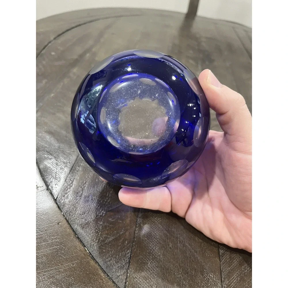 Cobalt Blue Cut to Clear Art Glass‎ Rose Bowl Vase Dots Ruffled Top 4